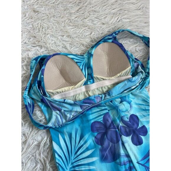 Maxine Womens Vintage Blue Tropical Floral Shirred Front One Piece Swimsuit 16 - Picture 7 of 14